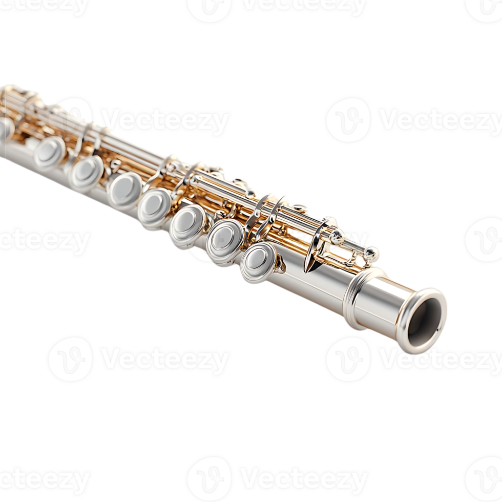 Silver Flute with Golden Keys  Against a Transparent Background, a Musical Instrument with a Crisp and Clear Sound png