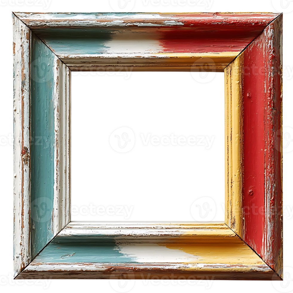 Distressed Wooden Picture Frame with Multicolored Paint,  A Rustic and Colorful Decor Element with a Transparent Background png