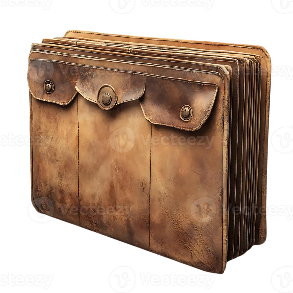 Vintage Leather Portfolio with Three Pockets and Button Closure, a Classic Example of Quality Craftsmanship with Transparent Background png