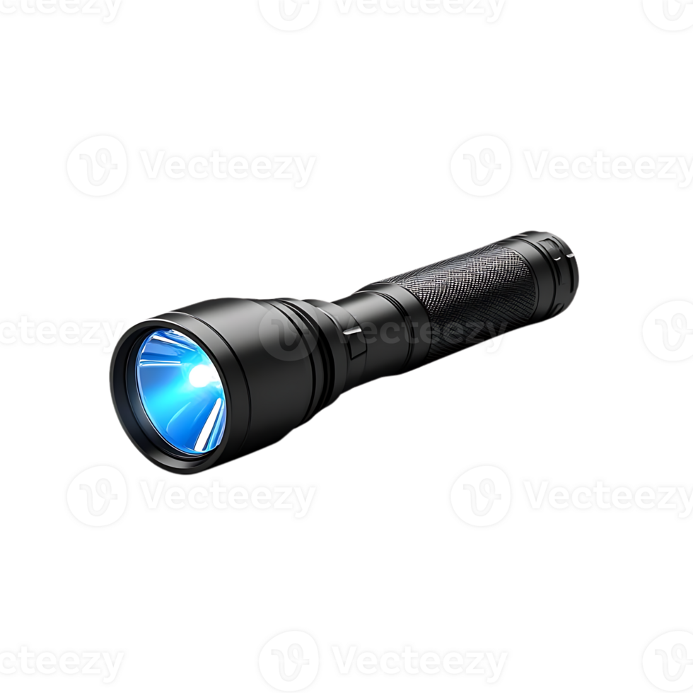 Powerful LED Flashlight Emits a Bright Blue Beam for Enhanced Visibility in the Dark, Transparent Background. png
