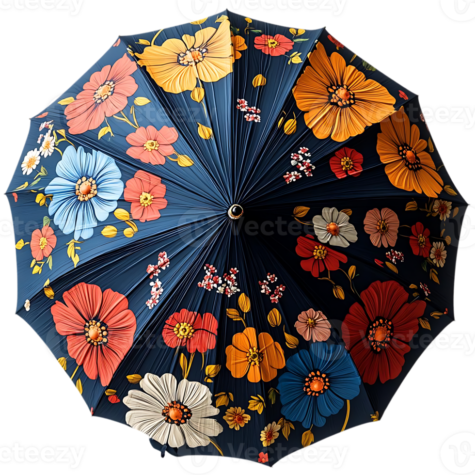 Floral Umbrella with Transparent Background, A Vibrant Pattern of Flowers on a Navy Blue Canopy, Blooming Design for a Sunny Day,  Stylish and Practical, Perfect for Rain or Shine png