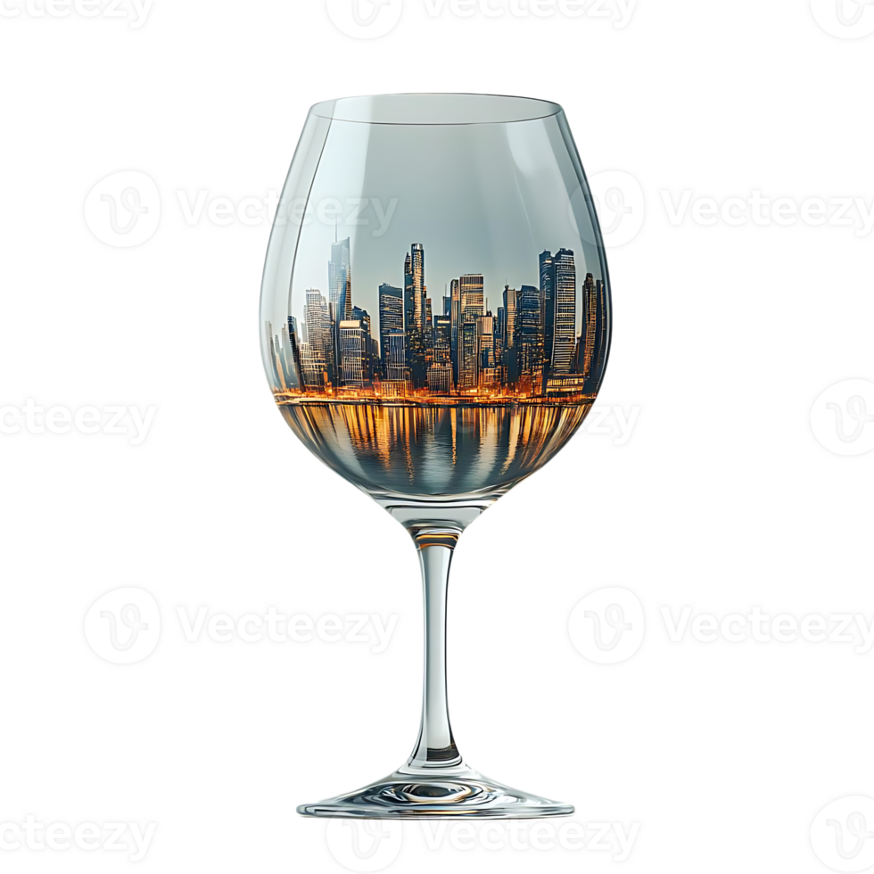 A Cityscape Reflected in a Wine Glass with a Transparent Background png