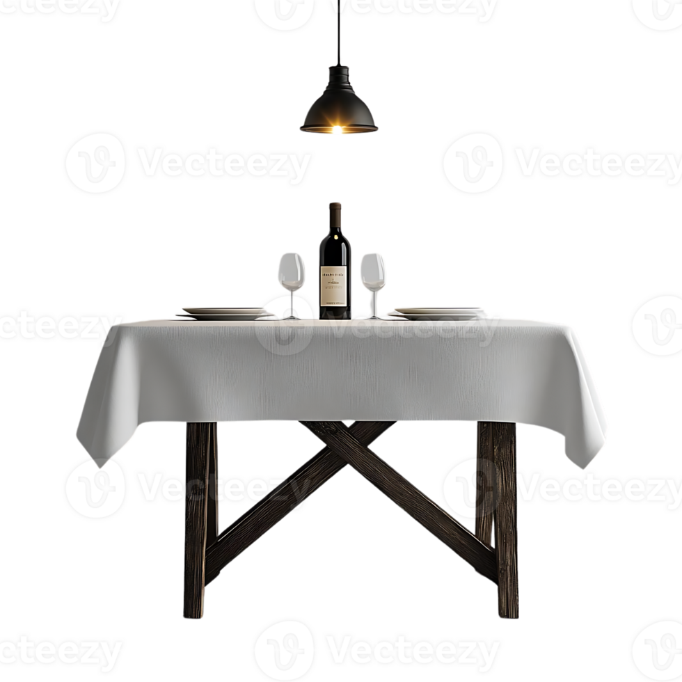 Romantic Dinner Table Setting with Transparent Background, Wine Bottle and Glasses,  Rustic Wooden Table and White Tablecloth png