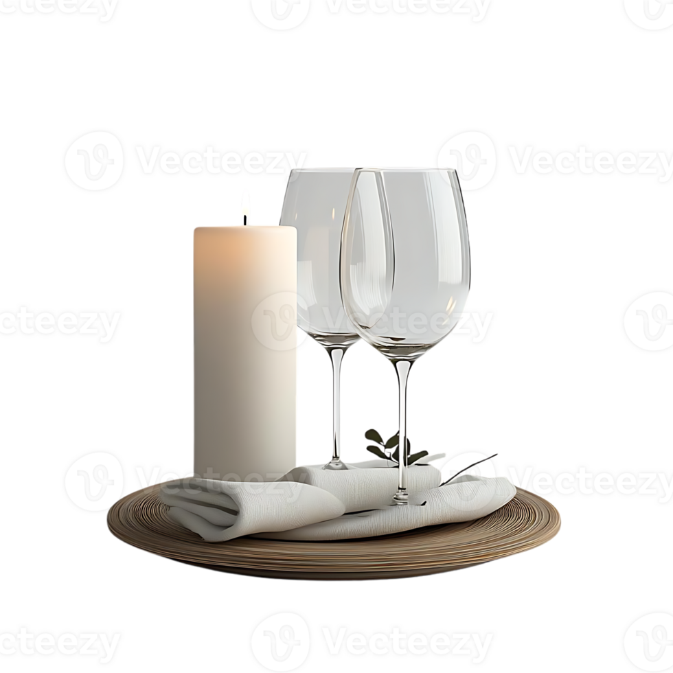 Two Wine Glasses with Candle and Napkin on a Wooden Tray with Transparent Background png