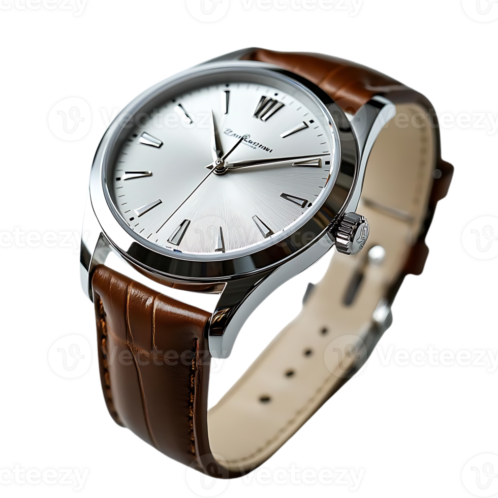 Elegant Silver Dial Watch with Brown Leather Strap, Featuring a Transparent Background png