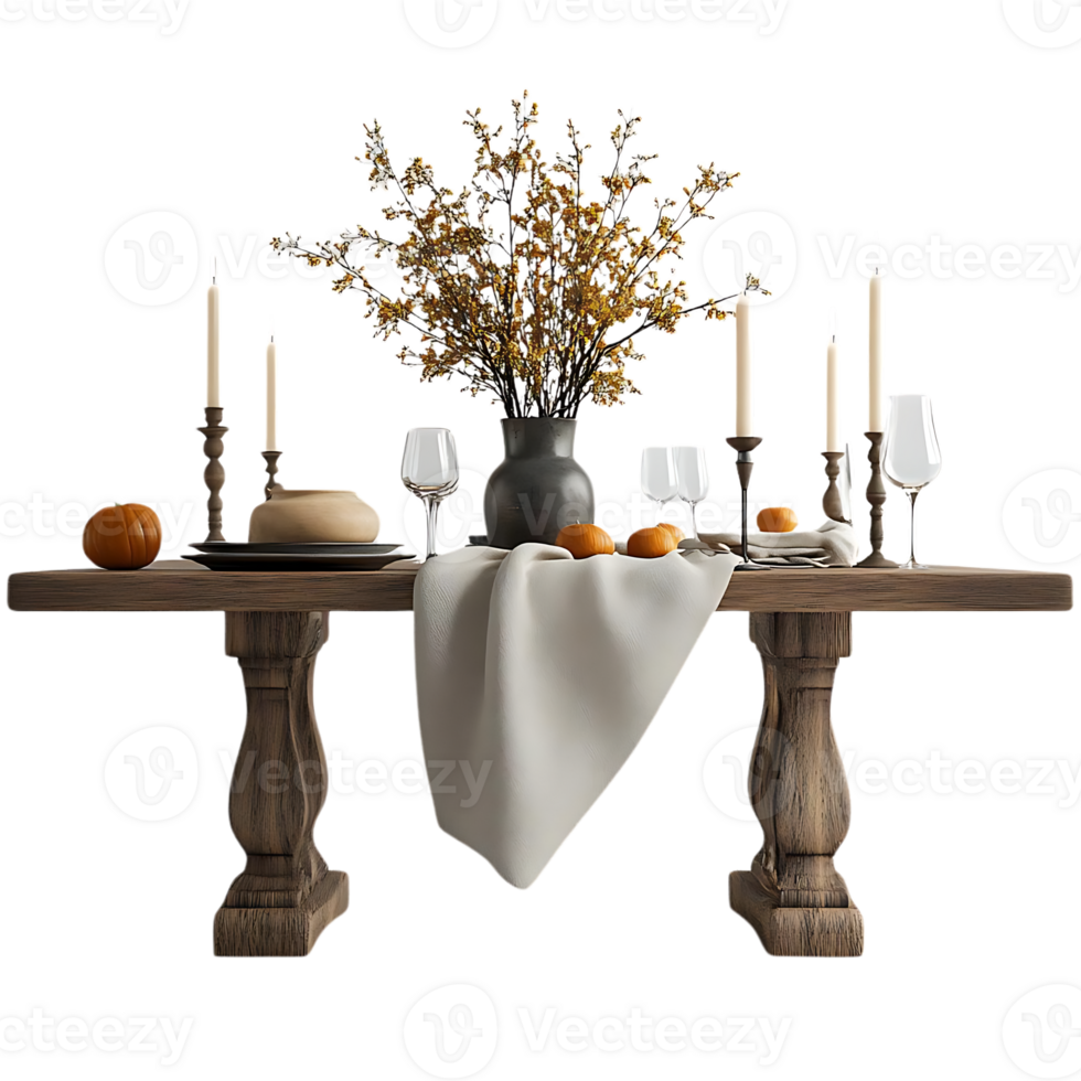 Rustic Wooden Table Decorated with Fall Flowers and Pumpkins, Featuring a Transparent Background png