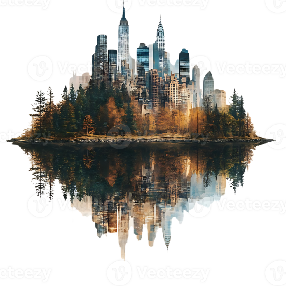 Cityscape Reflected in Water, Transparent Background, Urban Landscape with Autumn Trees png
