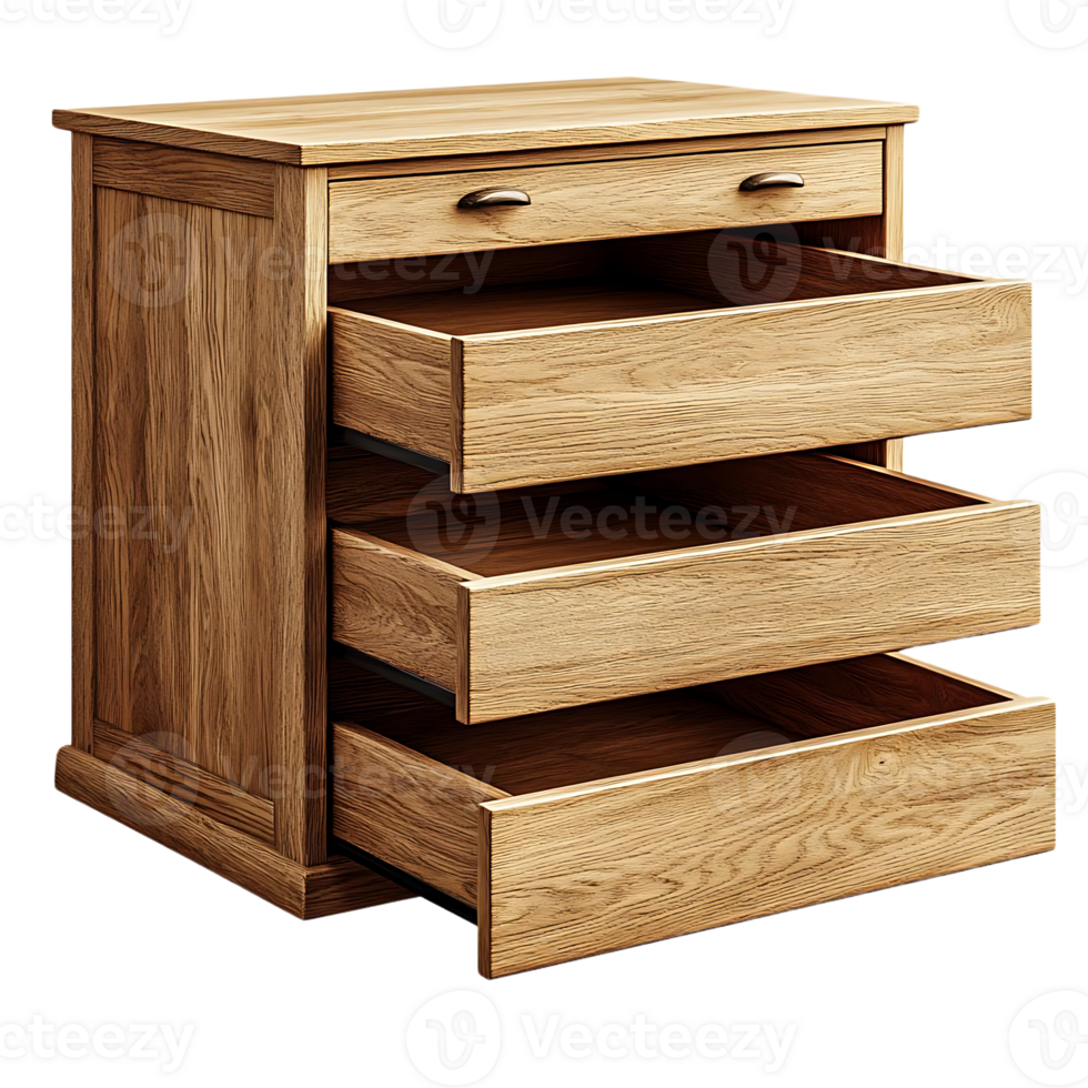 Wooden Chest of Drawers with Three Drawers Open, Revealing a Transparent Background png