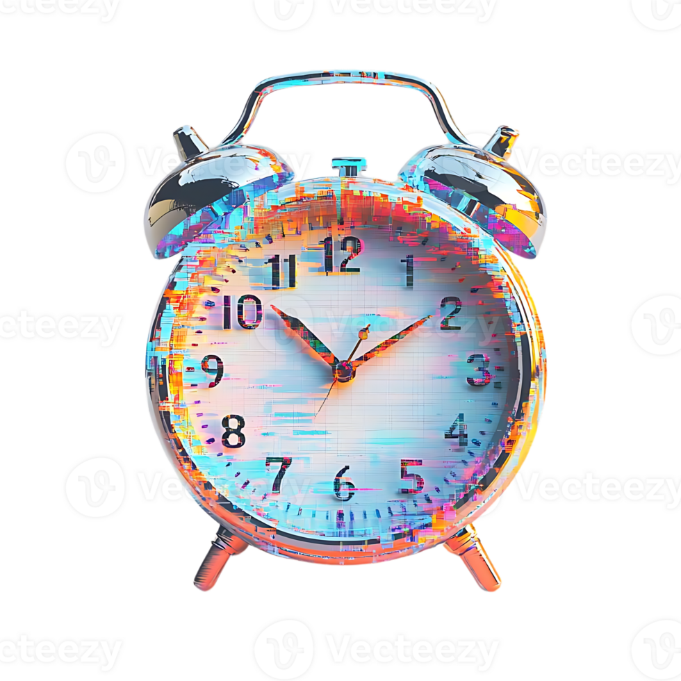 Glitching Alarm Clock with Transparent Background, Time Distortion, Digital Art, Glitch Effect, Retro Alarm Clock, Digital Clock, Alarm Clock with Glitch, Vintage Alarm Clock, Alarm Clock with Digital Effects png