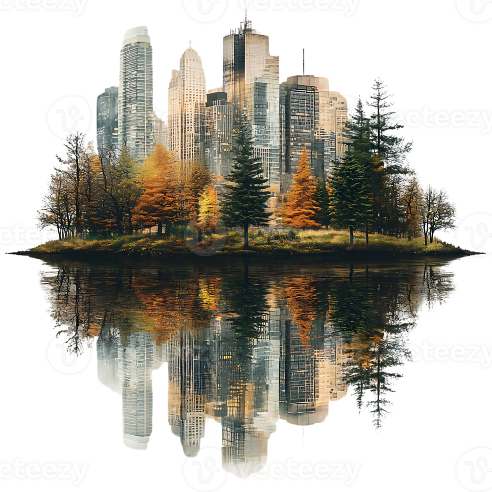 Cityscape Reflected in Tranquil Waters, Autumn Trees Surround, Transparent Background png