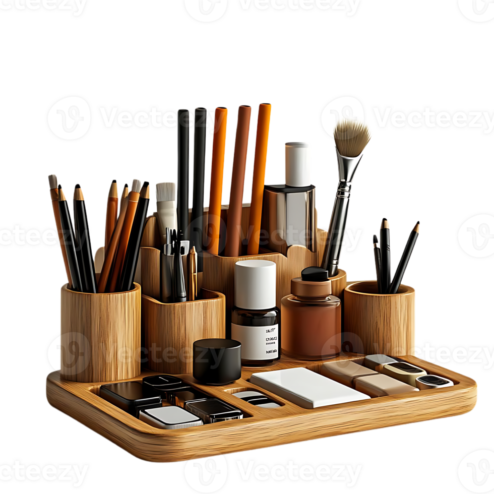 Organize Your Desk with a Stylish Wooden Organizer Featuring a Transparent Background, Perfect for Pens, Brushes, and Other Supplies. png