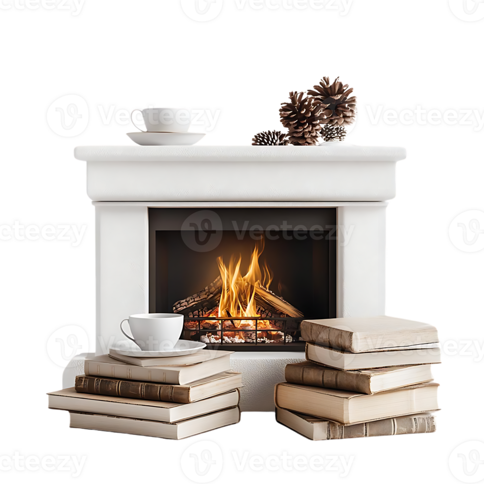 Cozy Fireplace with Books and Coffee Cups, Creating a Warm and Inviting Atmosphere with a Transparent Background png