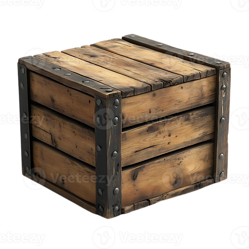 Vintage Wooden Crate with Metal Accents, a Rustic Storage Solution with Transparent Background png