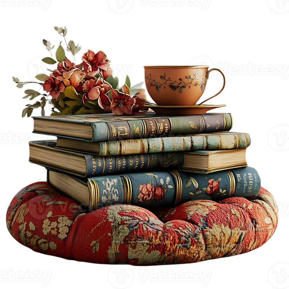 A Stack of Vintage Books with a Teacup and Flowers on a Floral Cushion, Creating a Beautiful Still Life with a Transparent Background png
