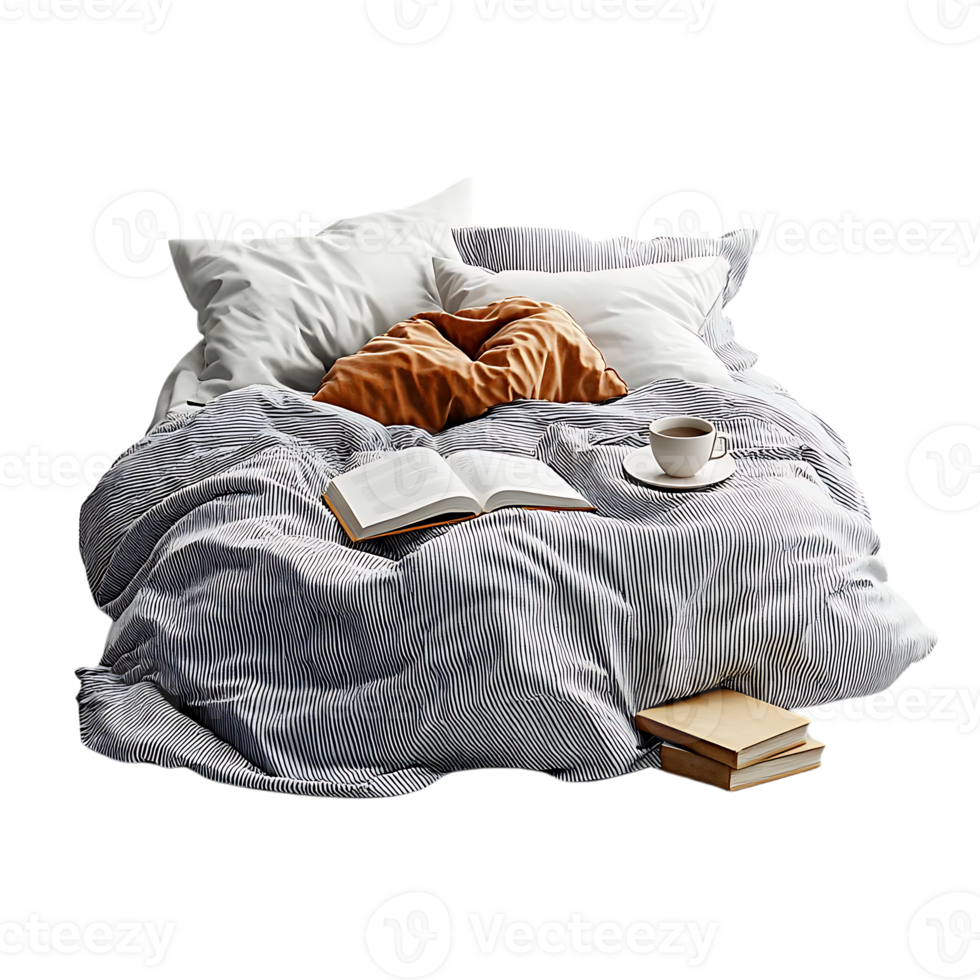 Cozy Bed with Striped Bedding, Open Book, Cup of Coffee, and Pillows - Transparent Background png