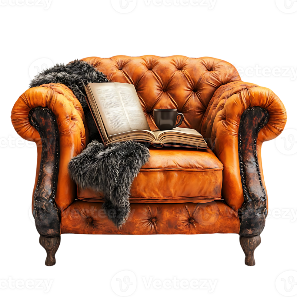 Leather Armchair with a Book, a Cup of Coffee, and a Cozy Blanket, Perfect for Relaxation and Enjoyment, Transparent Background. png