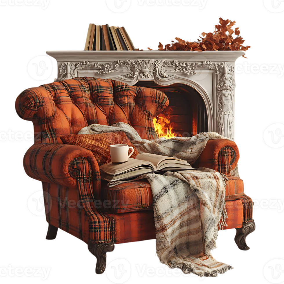 Cozy Armchair by a Fireplace with a Book and a Cup of Coffee, Embracing Warmth and Tranquility with a Transparent Background. png