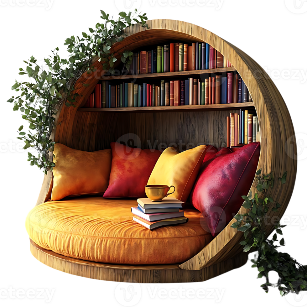 Cozy Round Reading Nook with Bookshelf and Cushions, Perfect for Relaxing with a Cup of Tea,  Transparent Background png
