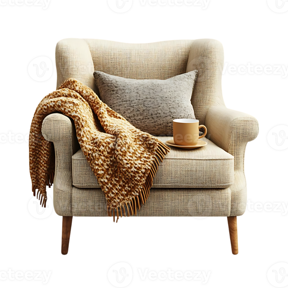 A Cozy Armchair with a Blanket, Pillow, and Coffee Cup with a Transparent Background png