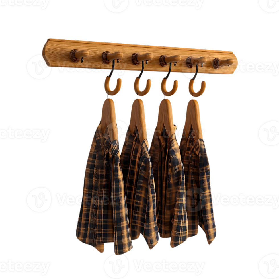 Plaid Shirts Hanging on Wooden Hanger Rack with Transparent Background png
