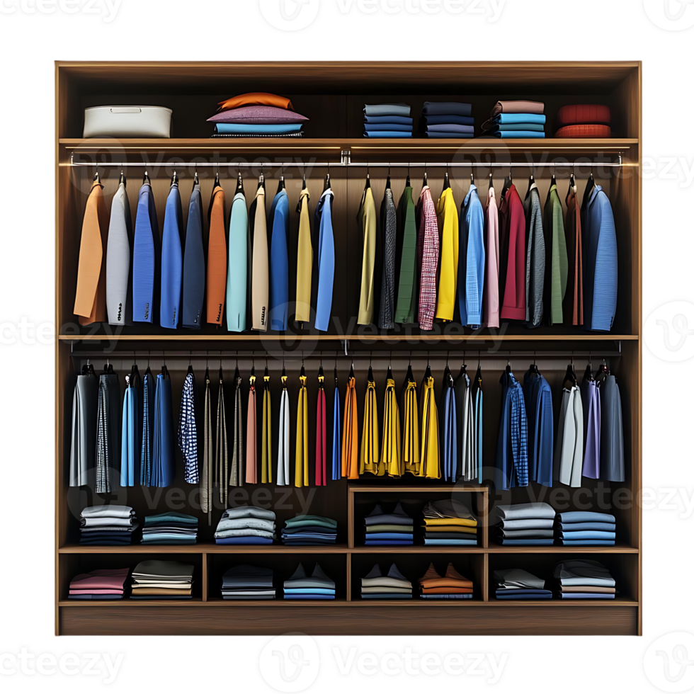 Organized Closet with Colorful Clothes on Hangers and Folded on Shelves with a Transparent Background png