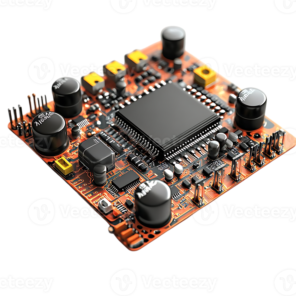 Circuit Board with Transparent Background, Close-Up of Electronic Components,  Microchip, Integrated Circuit,  Soldered Connections, Orange PCB,  Electronic Technology, Computer Hardware,  High-Tech,  Digital Innovation png
