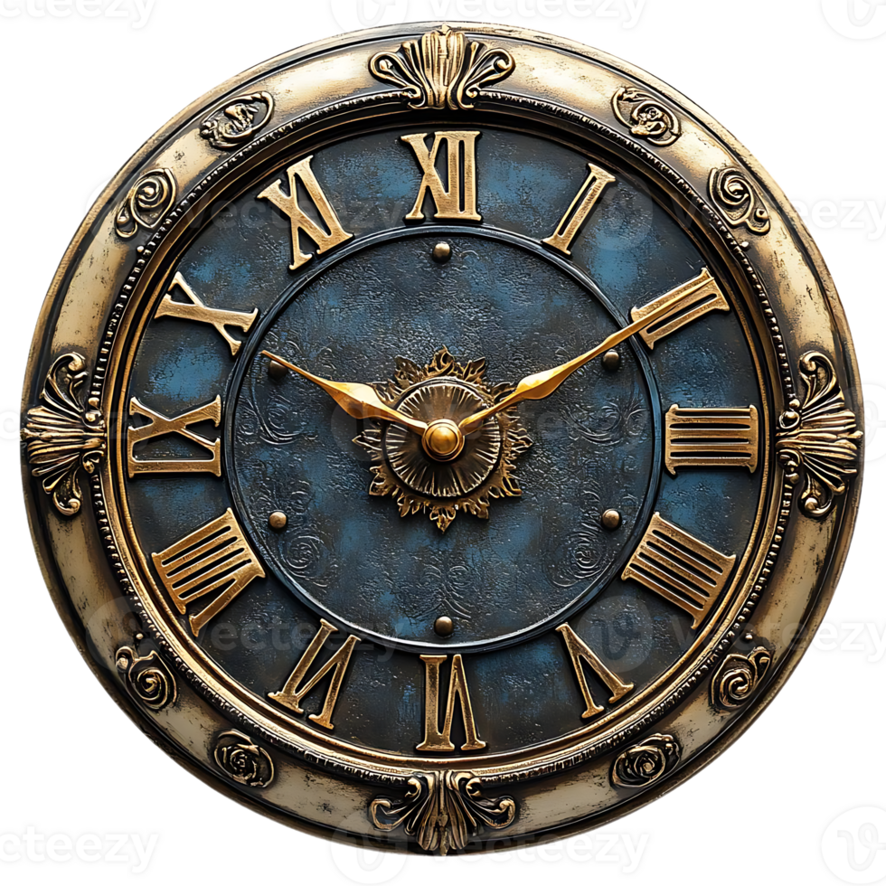 Antique Roman Numeral Clock with Golden Hands on Blue Background, Vintage Timepiece with Ornate Frame, Transparent Background png