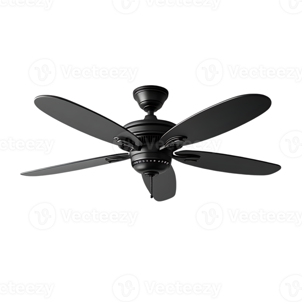Black Ceiling Fan with Transparent Background, Sleek Design, Modern and Stylish, Five Blades for Efficient Cooling, Quiet and Energy Efficient png