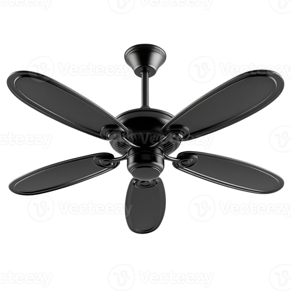 Black Ceiling Fan with Five Blades and Transparent Background png