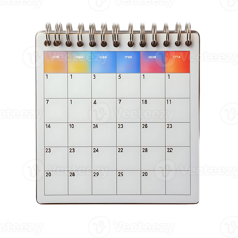 White Calendar with Transparent Background Colors for Planning and Scheduling with Gradient Color Bands and Numbers png