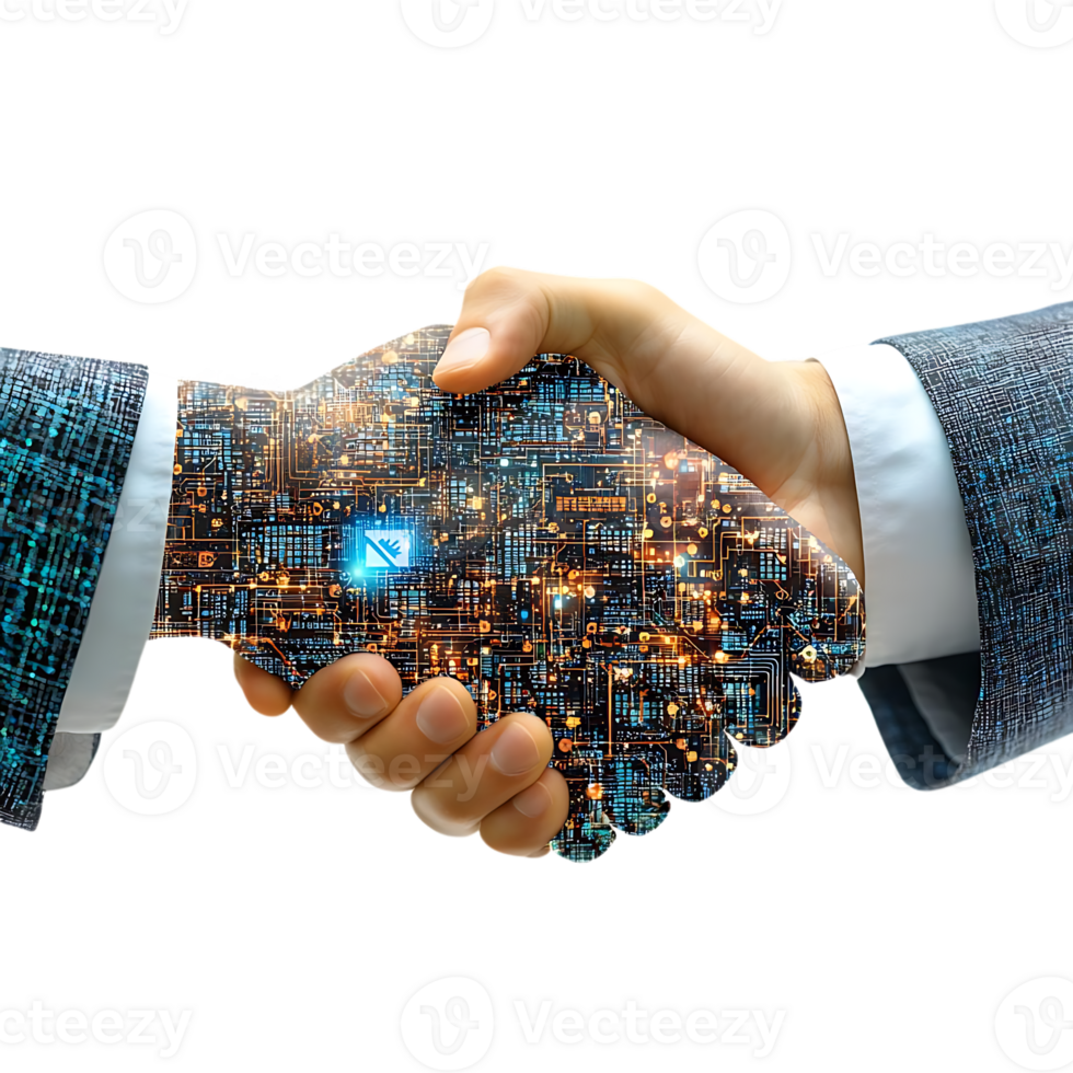 Human and Artificial Intelligence Shake Hands, Embracing Digital Transformation with a Transparent Background png