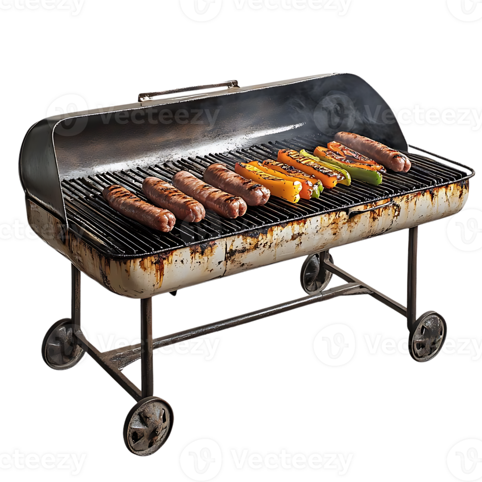 Grilled Sausages and Peppers on a Charcoal Grill with a Transparent Background png