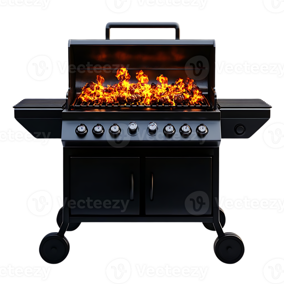 Black Gas Grill with Flames and Transparent Background png