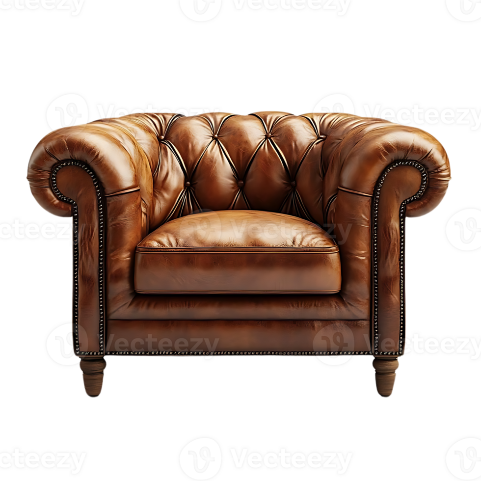 Brown Leather Armchair with Tufted Backrest and Transparent Background png