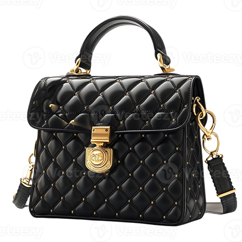 Black Quilted Leather Handbag with Gold Hardware and Transparent Background png