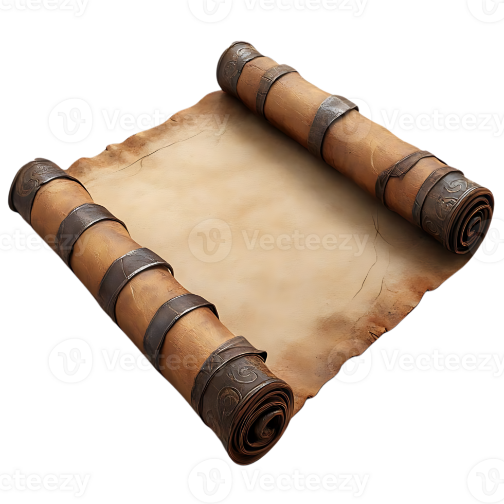 Ancient Parchment Scroll with Metal Clasps, Rolled and Unfurled, on Transparent Background png