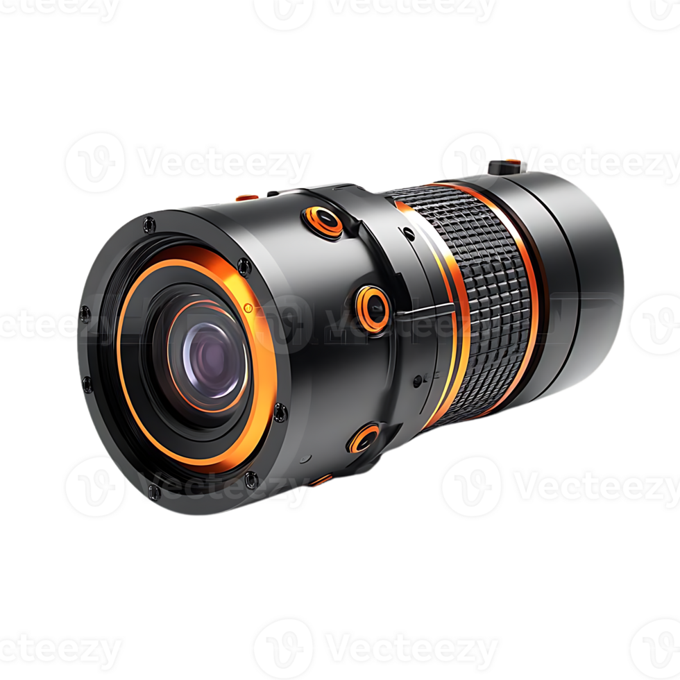 Capture Stunning Moments with a Sleek Black Camera Featuring an Orange Accent Ring, Against a Transparent Background. png