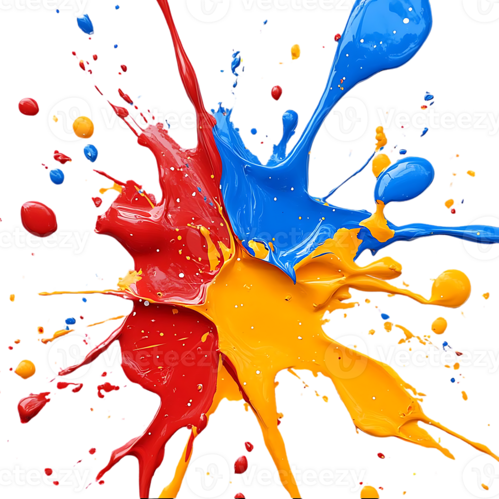 Vibrant Red, Blue, and Yellow Paint Splatter Explodes on a Transparent Background png