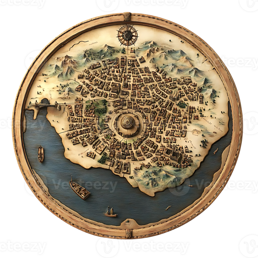 A Detailed Map of the City with a Transparent Background, Depicting the City's Layout and Features, Surrounded by a Wooden Frame. png