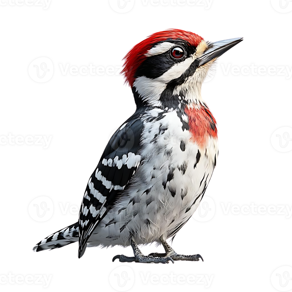 A Red-Crested Woodpecker with a Transparent Background, Standing on a Branch,  Looking Up, with Black and White Feathers, Isolated on Black png