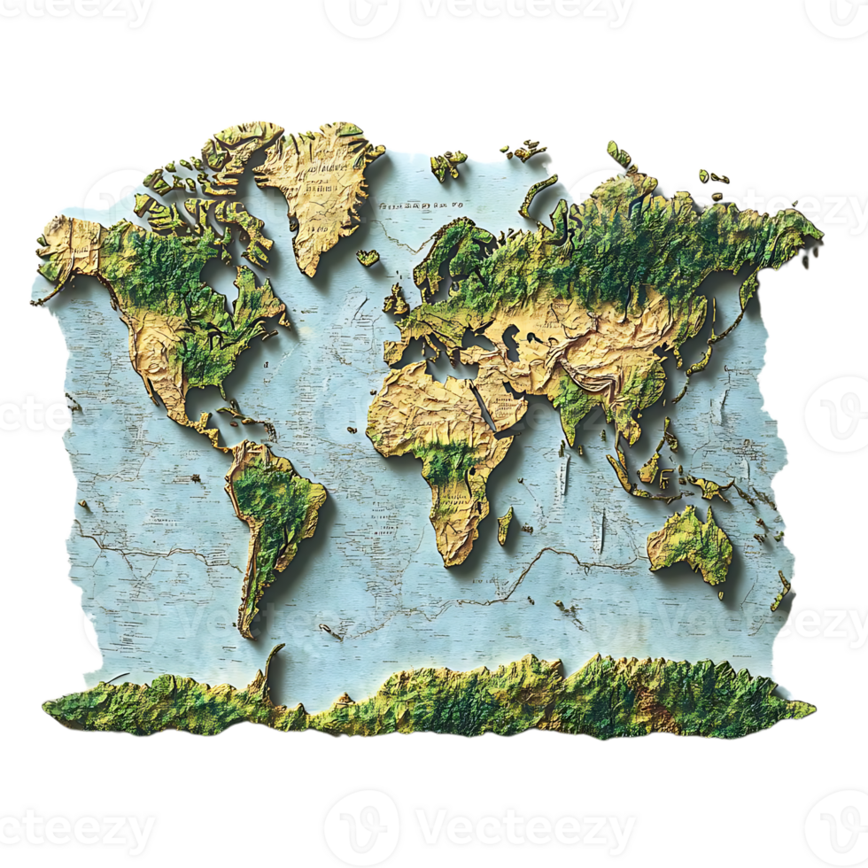 A Detailed 3D World Map with a Transparent Background, Perfect for Your Travel Projects, Showing Mountains, Oceans, and Continents with Stunning Visuals png