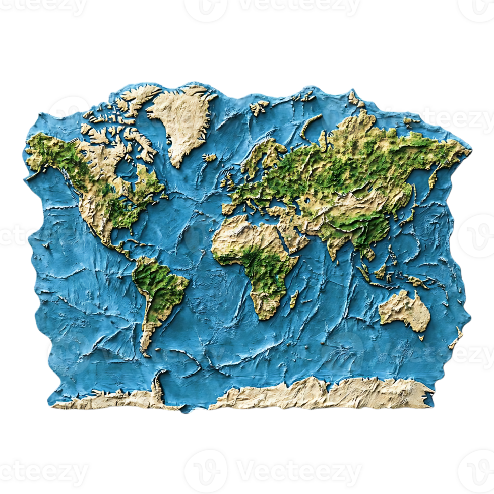 World Map with Transparent Background - Embossed Relief of Continents and Oceans png