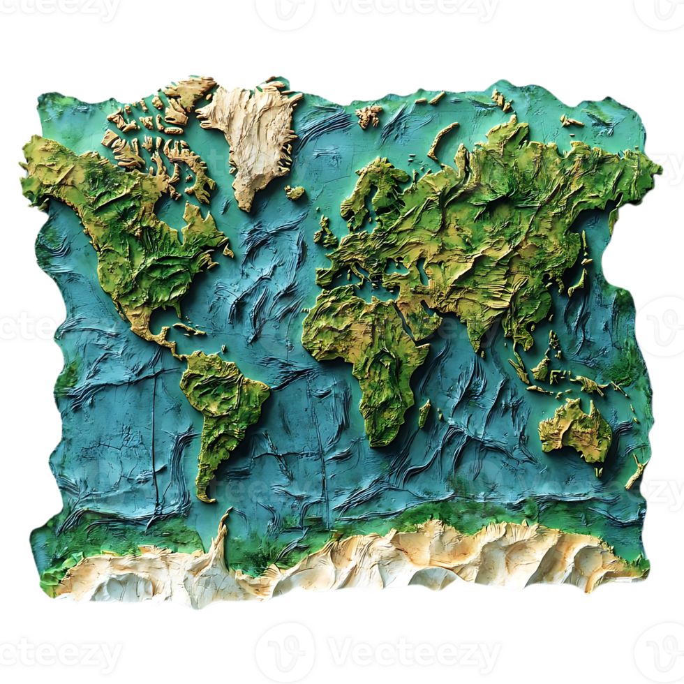 World Map with Transparent Background, a 3D Relief Representation of the Earth's Continents and Oceans with a Transparent Background png