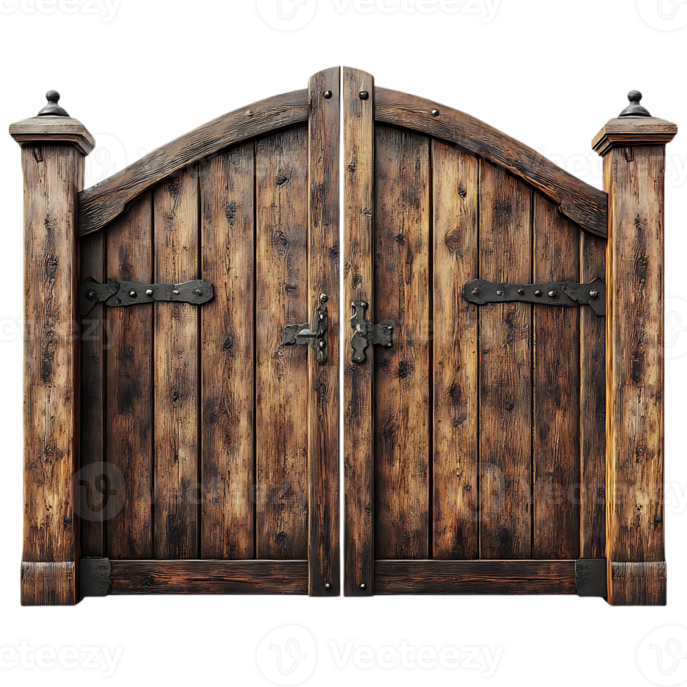 Rustic Wooden Gate with Arched Top and Iron Hinges on a Transparent Background png