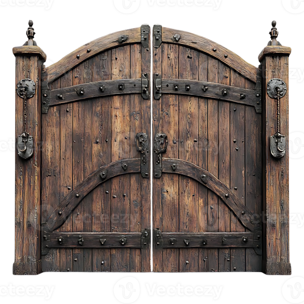 Rustic Wooden Gate with Iron Accents and Transparent Background png