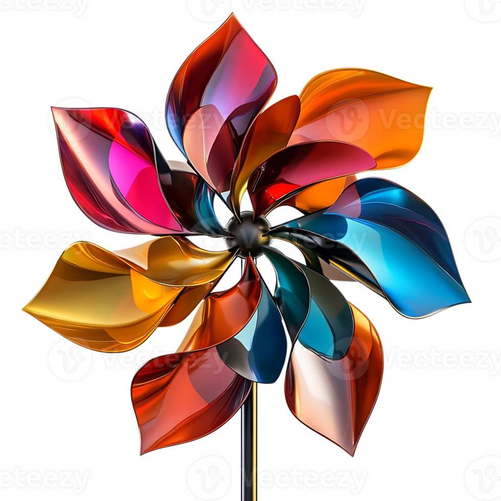 Colorful Wind Spinner with Transparent Background, Shiny Metal Windmill, Abstract Art, 3D Design,  Rotating  Flower with Vivid Hues, Modern Artwork,  Dynamic Design,  Metallic Finish,  Multicolored Windmill on Black Background png