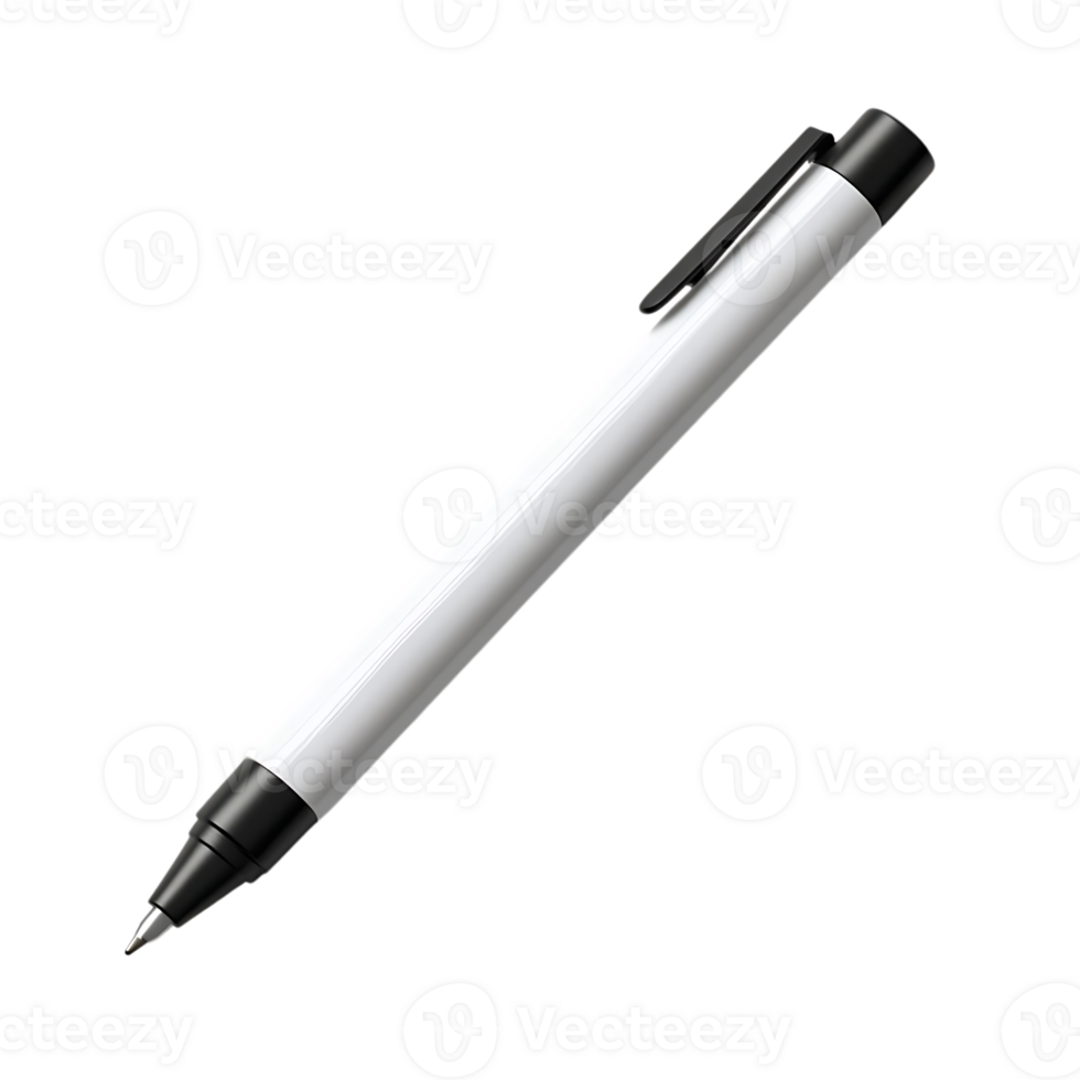 White Pen with Black Clip and Transparent Background png