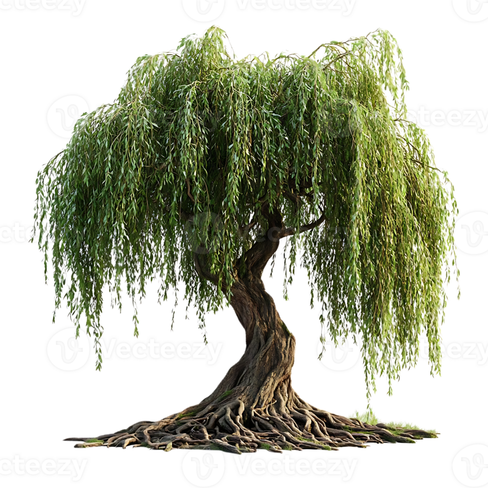 Weeping Willow Tree with a Transparent Background, a Lush Green Canopy and Majestic Roots on a Black Background png