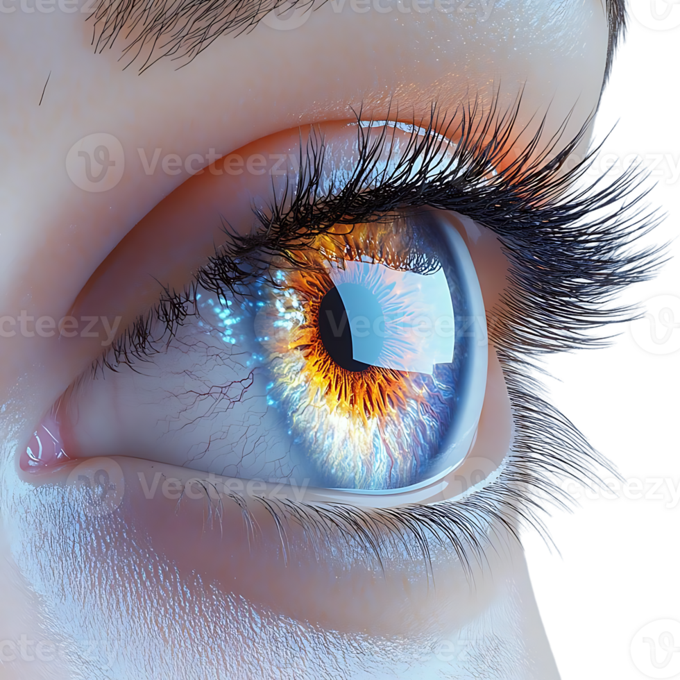 A Close-Up of a Blue Eye with an Orange Iris and Long Eyelashes, with a Transparent Background png