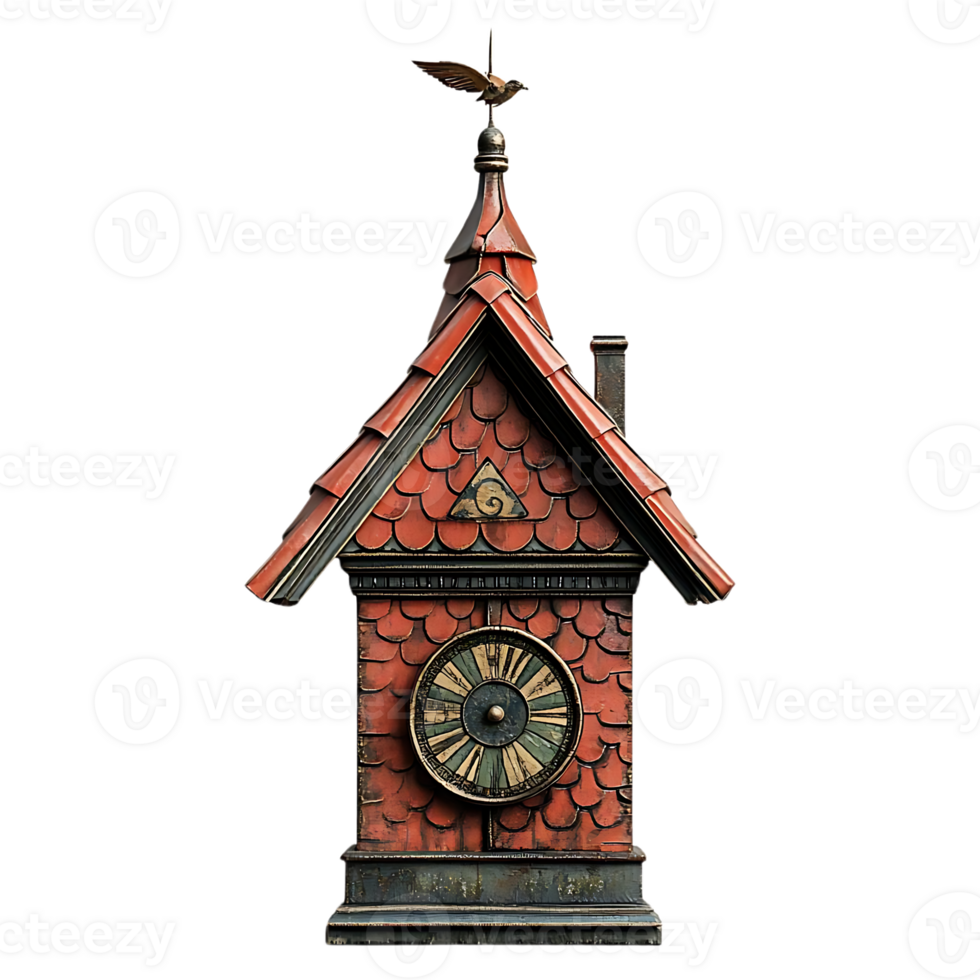 Antique Clock Tower with Transparent Background, Bird on Top, Red Tile Roof, and Detailed Clock Face png